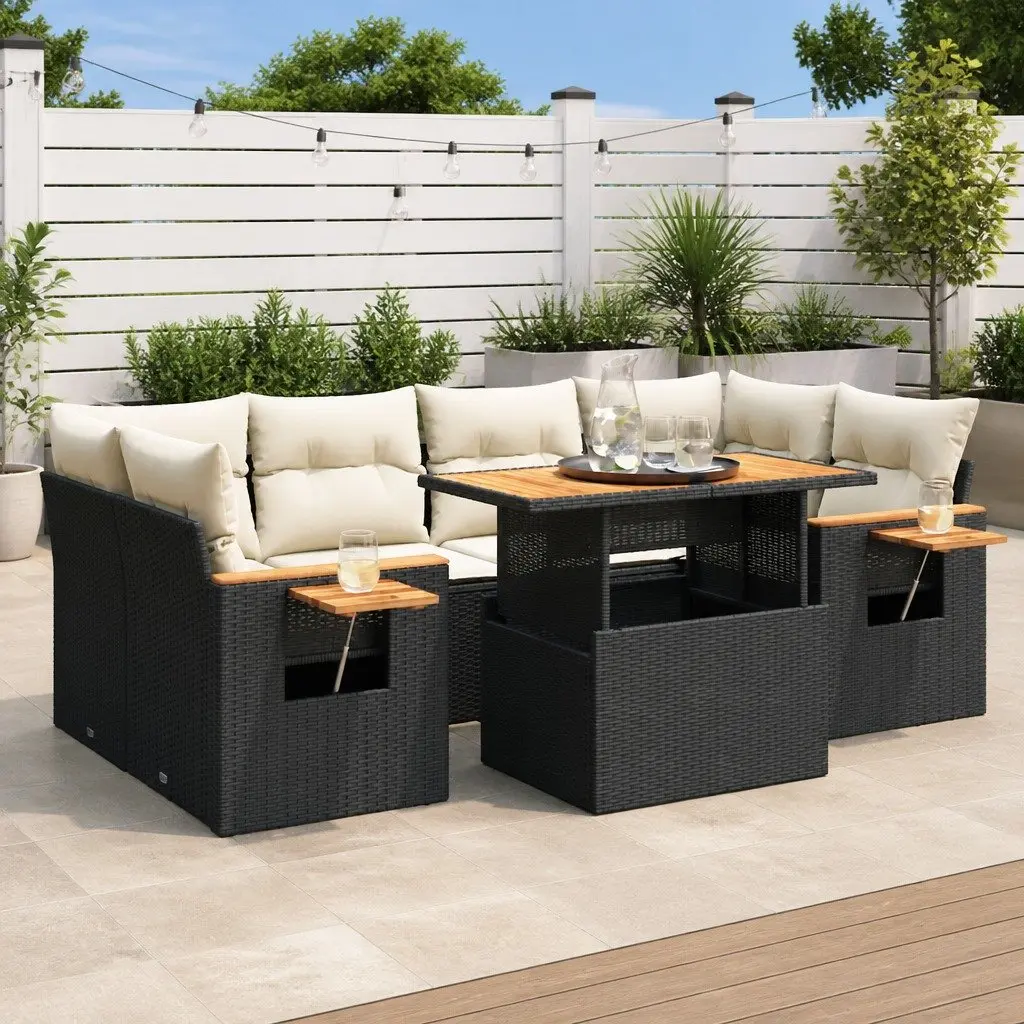 7 Piece Garden Sofa Set Black Poly Rattan Modular Outdoor Furniture with Storage and Removable Cushion Covers