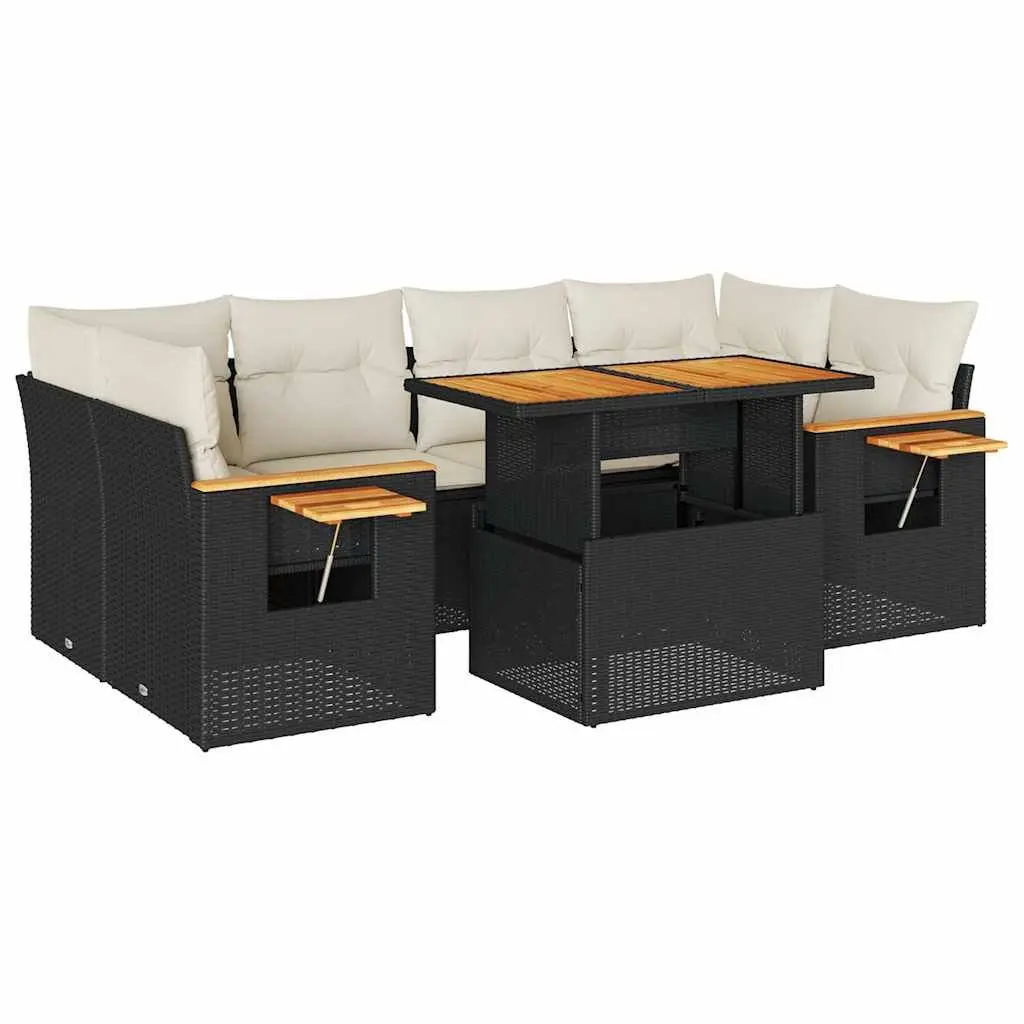 7 Piece Garden Sofa Set Black Poly Rattan Modular Outdoor Furniture with Storage and Removable Cushion Covers