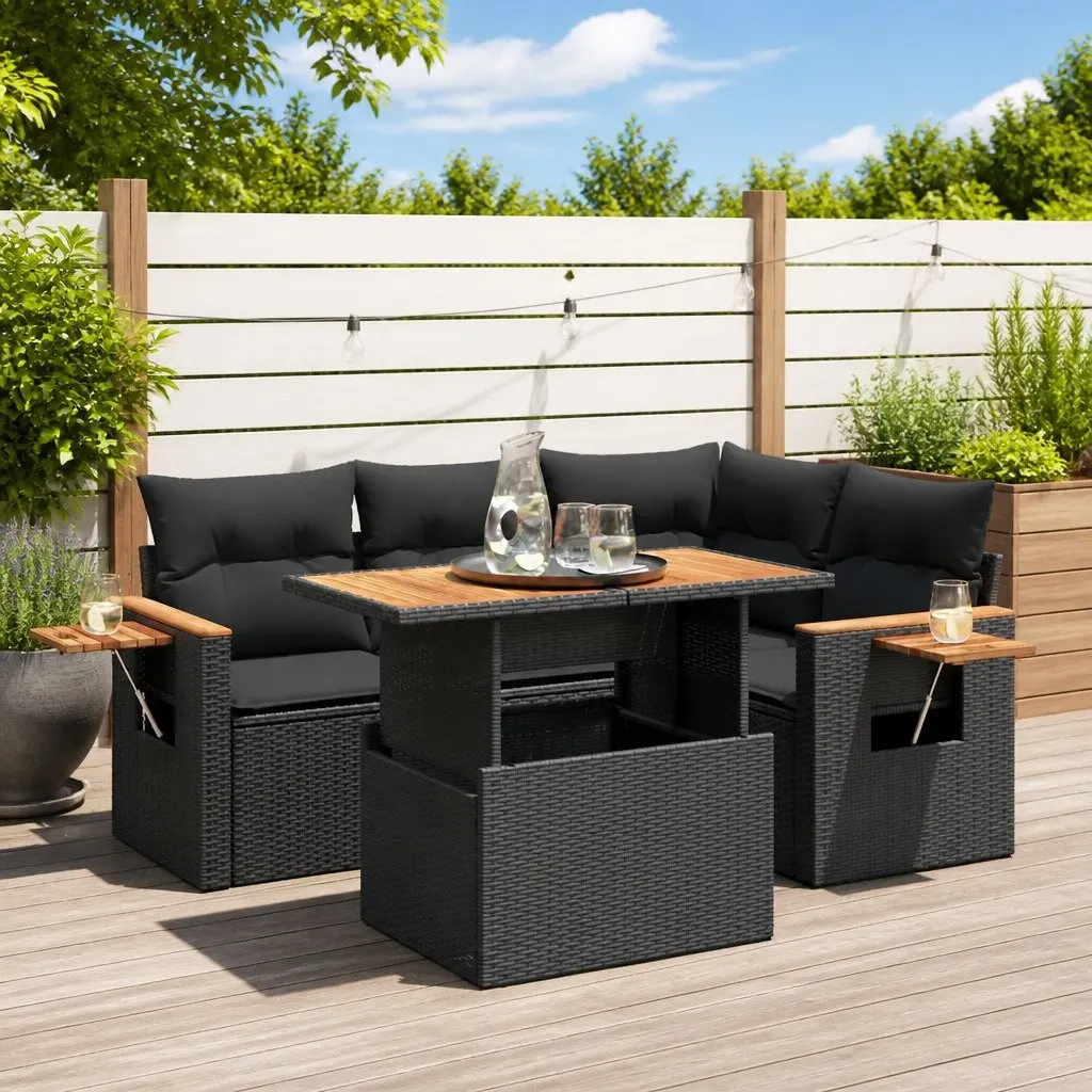 Garden Sofa Set 4 Piece Outdoor Furniture Black Poly Rattan with Storage