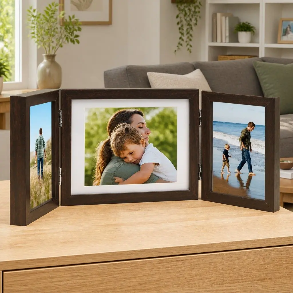 Trifold Photo Frame Collage Hinged Brown 22x15 cm Plus 2x 10x15 cm