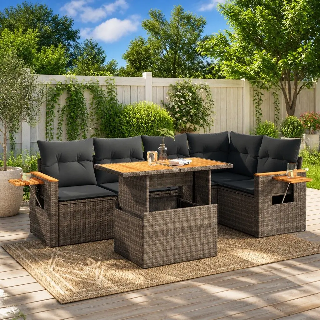 5 Piece Outdoor Sofa Set Grey Poly Rattan Modular Furniture with Storage Cushions