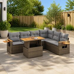 Garden Sofa Set 6 Piece Outdoor Furniture Beige Poly Rattan Patio with Cushions