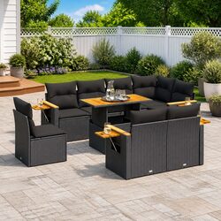 9 Piece Garden Sofa Set Outdoor Patio Furniture Black Poly Rattan with Cushions