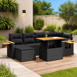 Outdoor Garden Sofa Set 7 Piece Black Poly Rattan Patio Furniture with Cushions