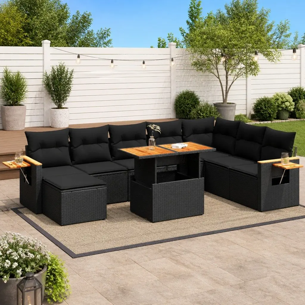 Garden Sofa Set 9 Piece Black Poly Rattan Outdoor Furniture with Cushions