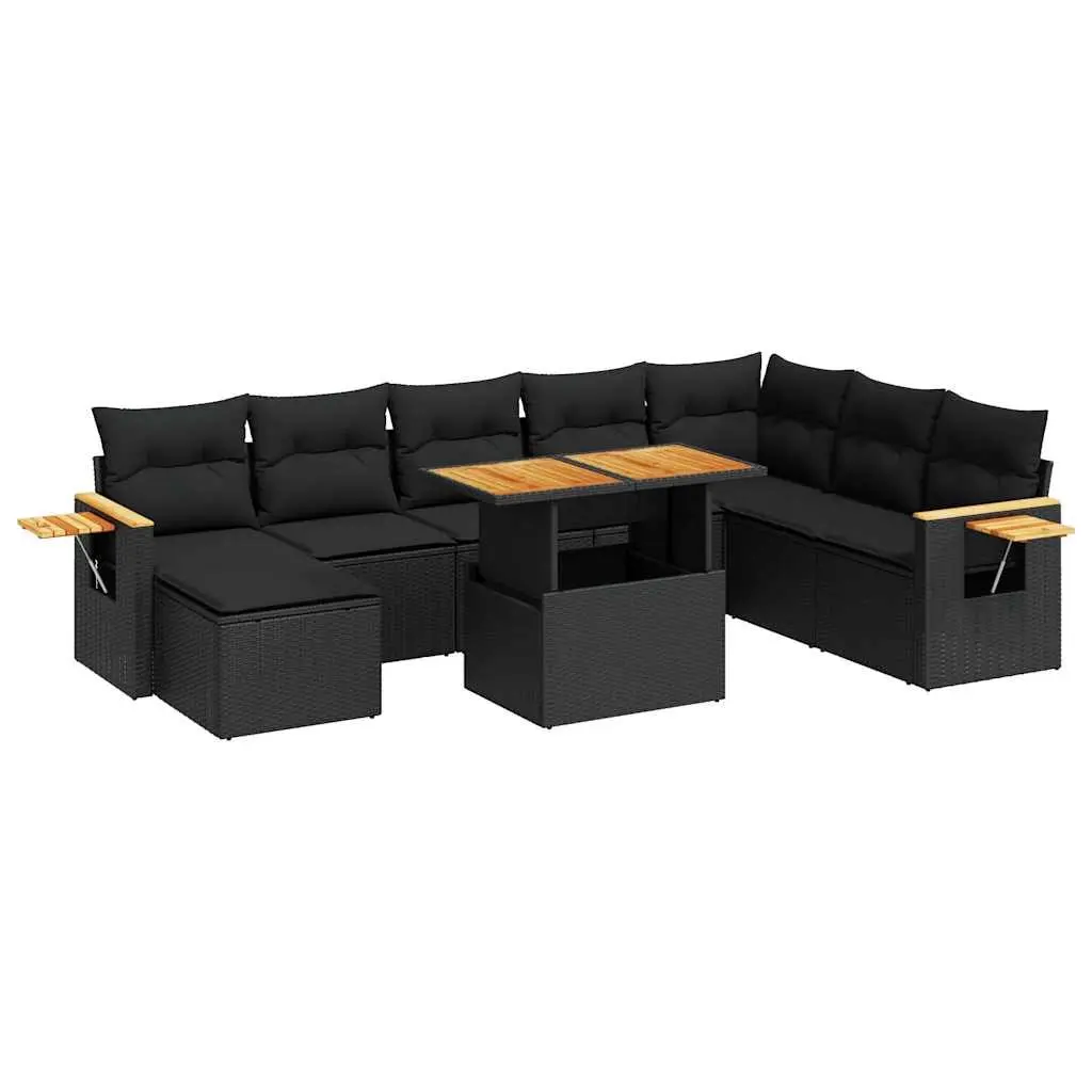 Garden Sofa Set 9 Piece Black Poly Rattan Outdoor Furniture with Cushions