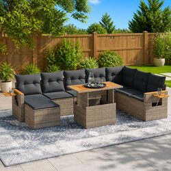 Garden Sofa Set 9 Piece Outdoor Furniture Grey Poly Rattan with Storage Cushions