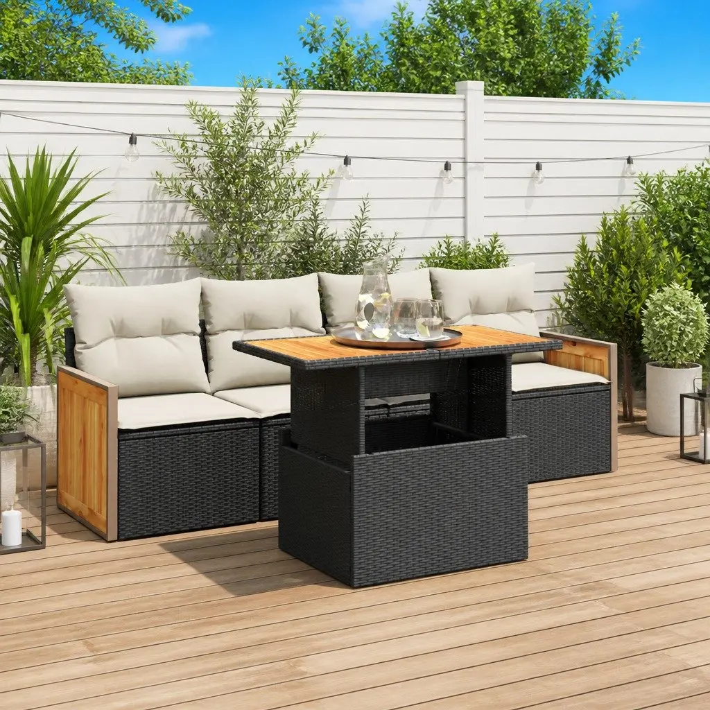 5 Piece Garden Sofa Set with Storage Cushions Black Poly Rattan Outdoor