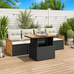 5 Piece Garden Sofa Set with Storage Cushions Black Poly Rattan Outdoor