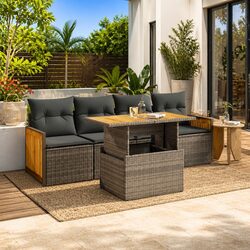 5 Piece Garden Sofa Set Grey Poly Rattan Outdoor Patio Furniture with Cushions