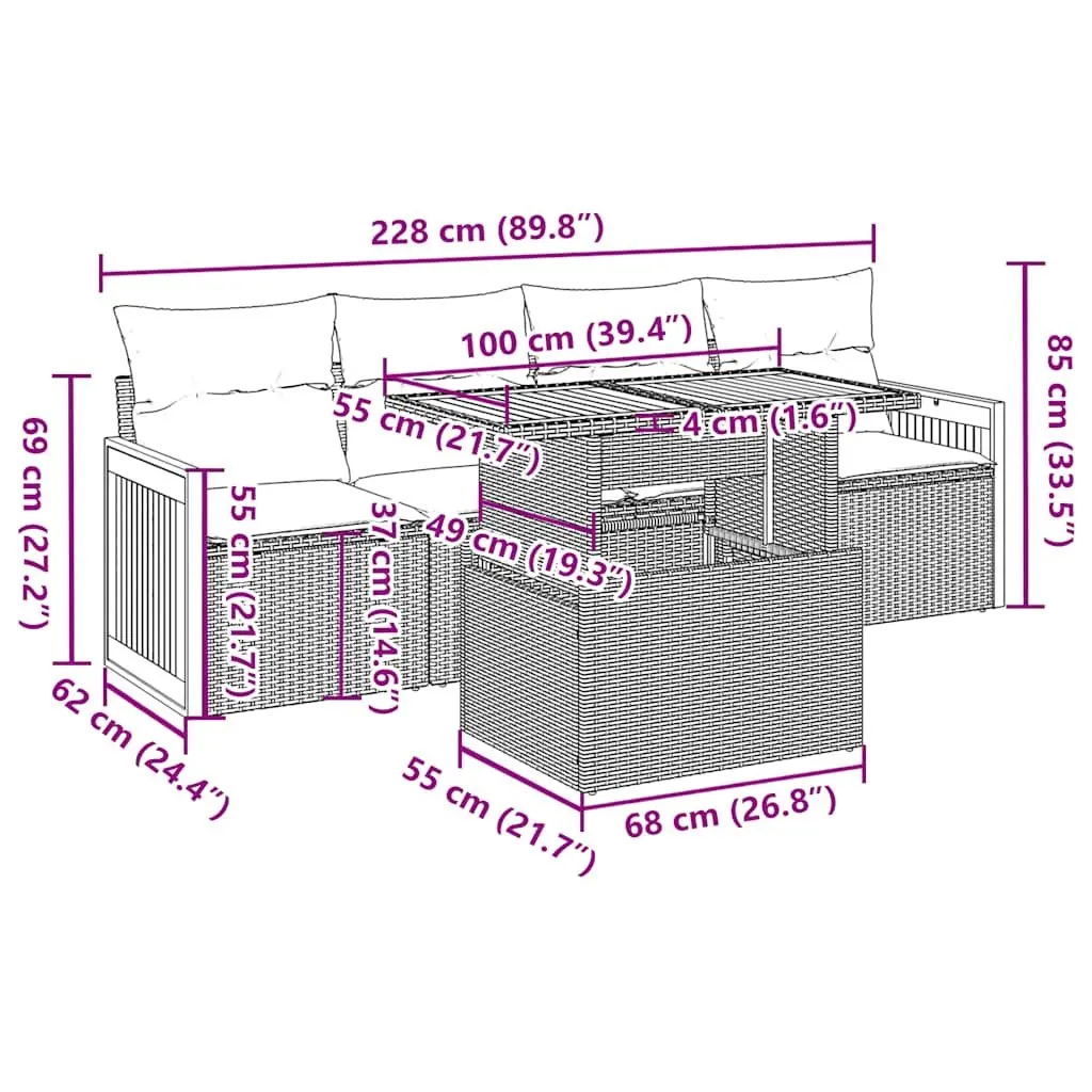 5 Piece Outdoor Patio Sofa Set Grey PE Rattan Furniture with Cushions and Storage Bags
