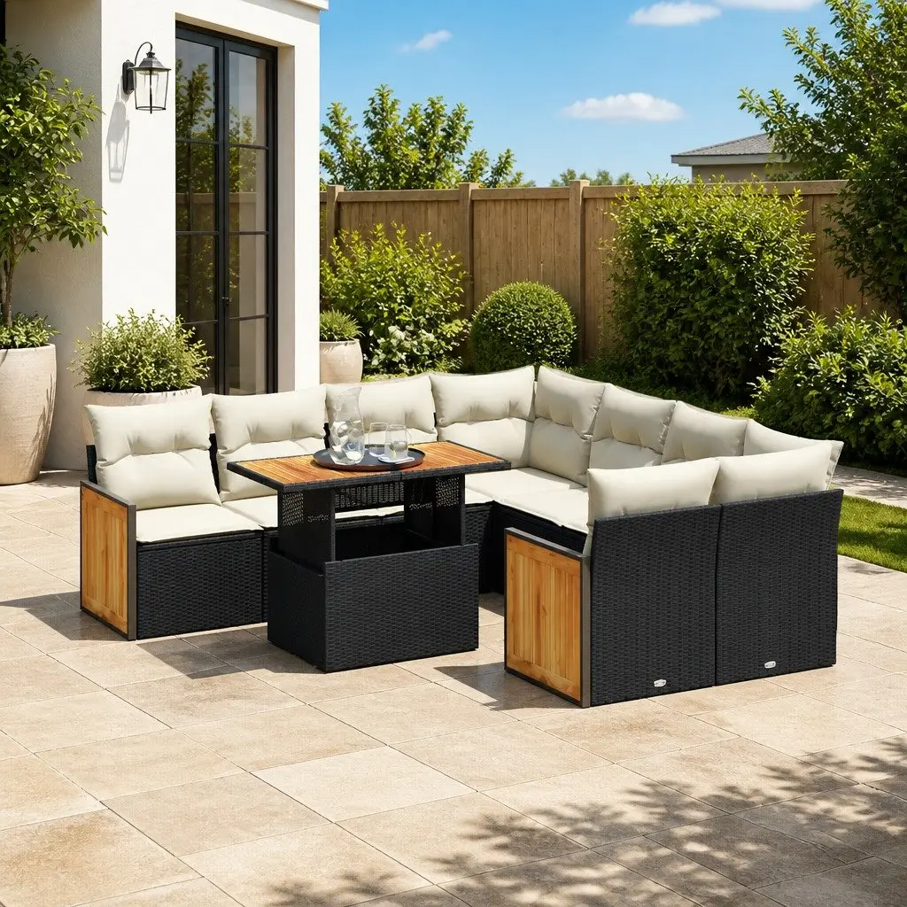 9 Piece Modular Garden Furniture Set Black Poly Rattan Outdoor Sofa with Cushions
