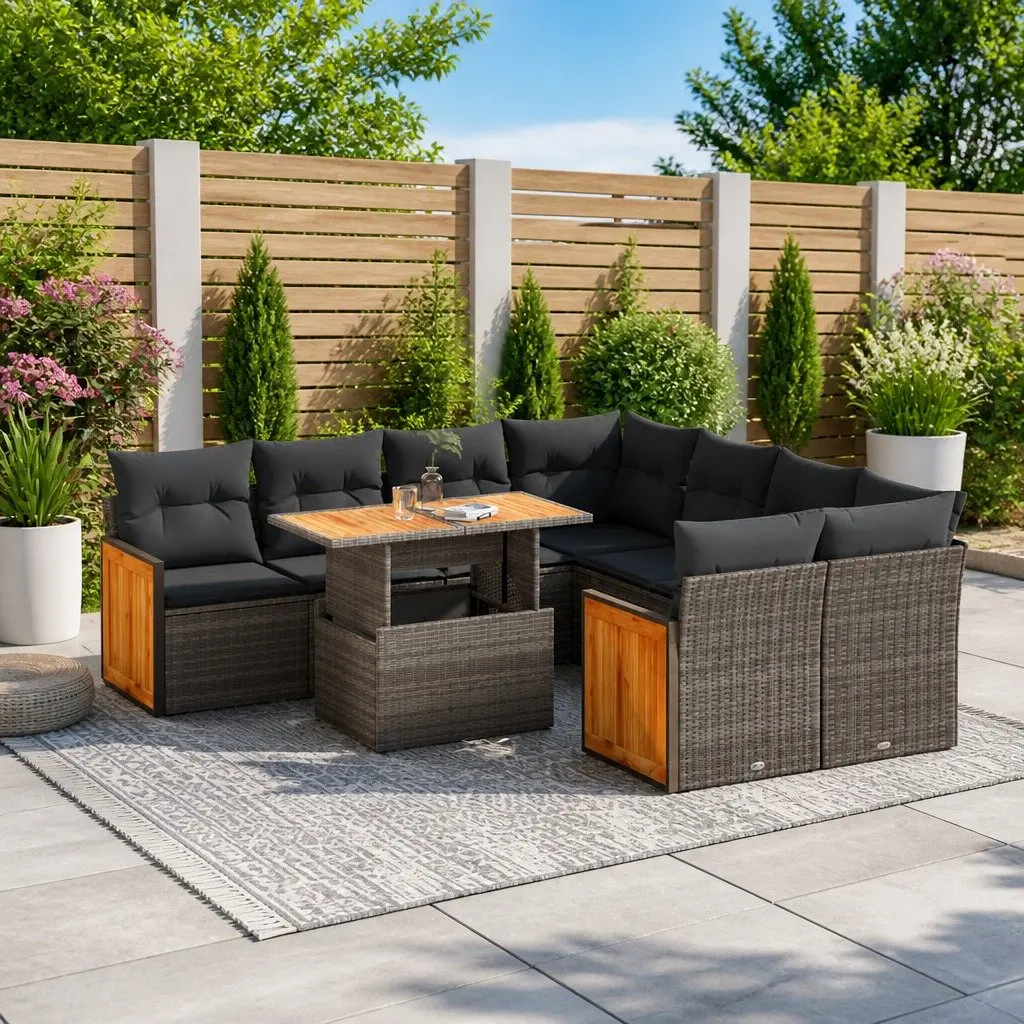 Modular Outdoor Furniture Set 9 Piece Grey Poly Rattan Garden Sofa with Removable Cushions and Storage Space