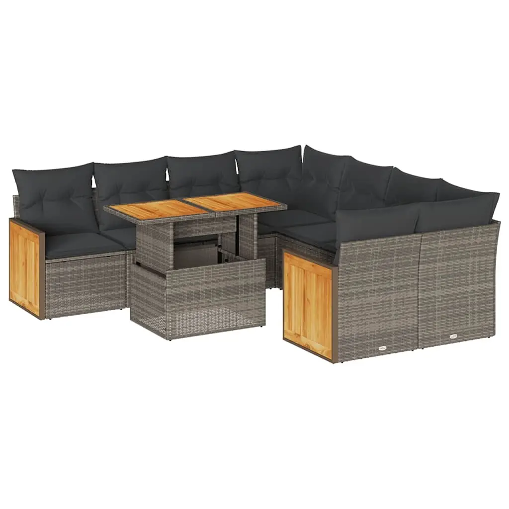 Modular Outdoor Furniture Set 9 Piece Grey Poly Rattan Garden Sofa with Removable Cushions and Storage Space