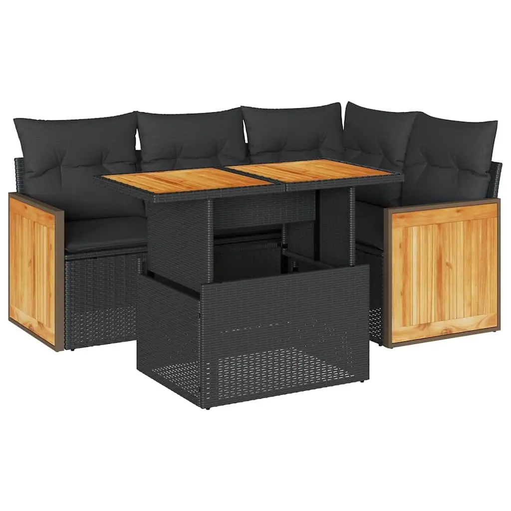 5 Piece Modular Garden Sofa Set Black PE Rattan Outdoor Patio Furniture