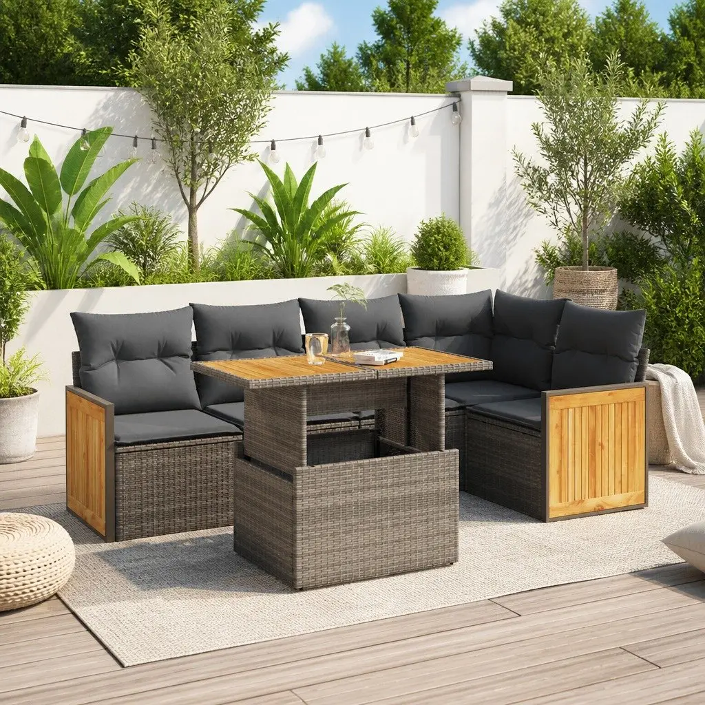 6 Piece Modular Outdoor Garden Sofa Set Grey PE Rattan with Cushions