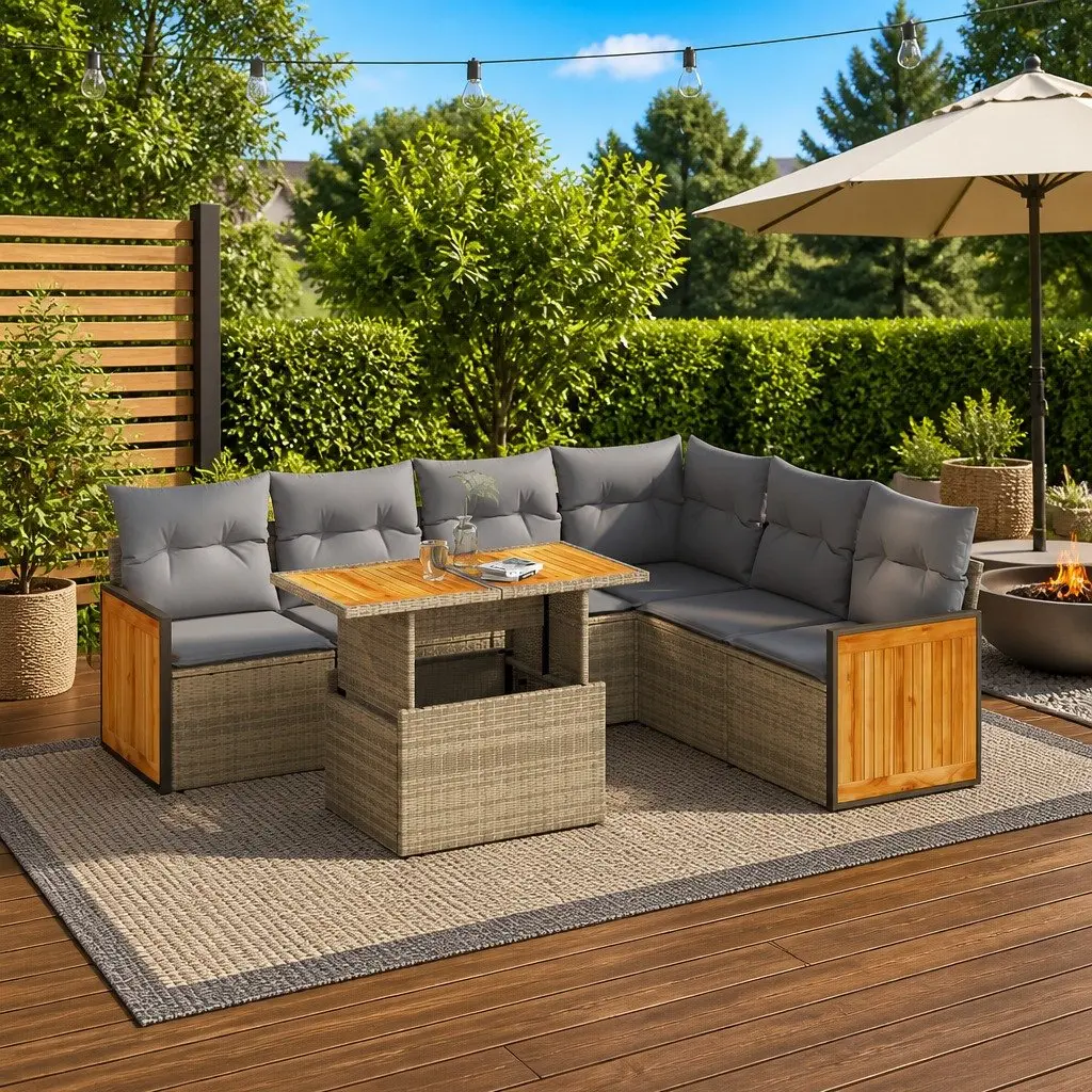 7 Piece Garden Sofa Set Outdoor Furniture Beige Cushions Poly Rattan Patio