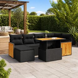 Garden Sofa Set 7 Piece Outdoor Furniture Black Poly Rattan Patio Lounge with