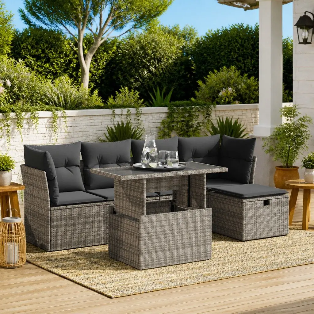 Garden Sofa Set 6 Piece Outdoor Furniture Grey Poly Rattan Modular Patio Seating