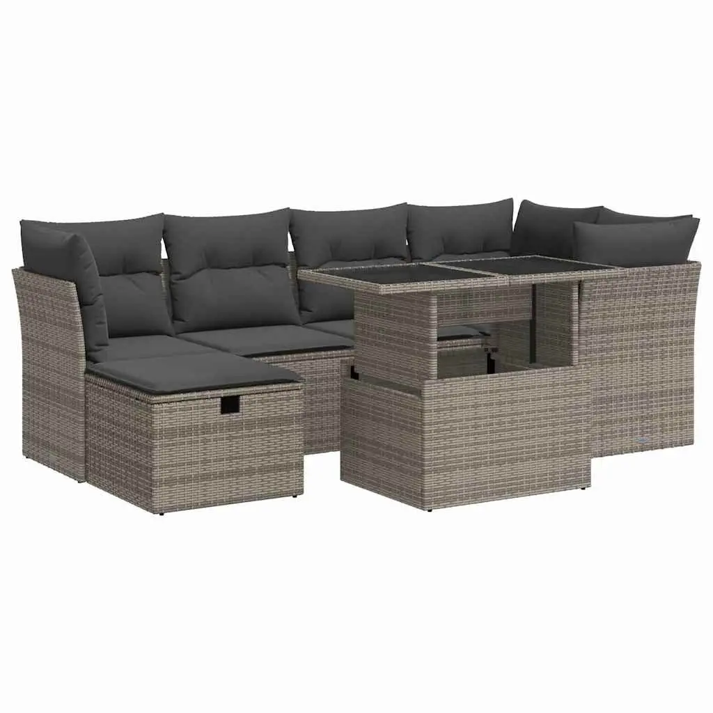 7 Piece Outdoor Garden Sofa Set Grey Poly Rattan Patio Furniture with Storage