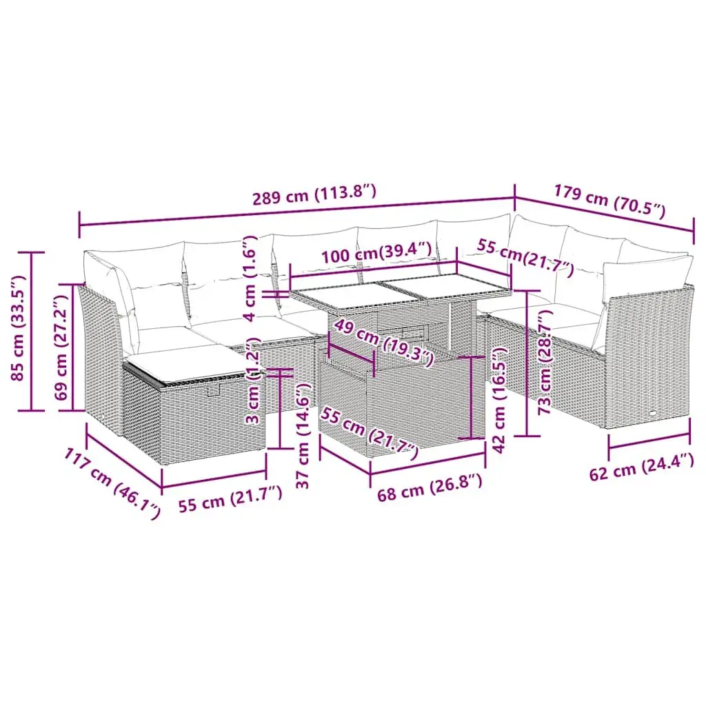 Garden Sofa Set 9 Piece Outdoor Furniture Black Poly Rattan Modular Patio