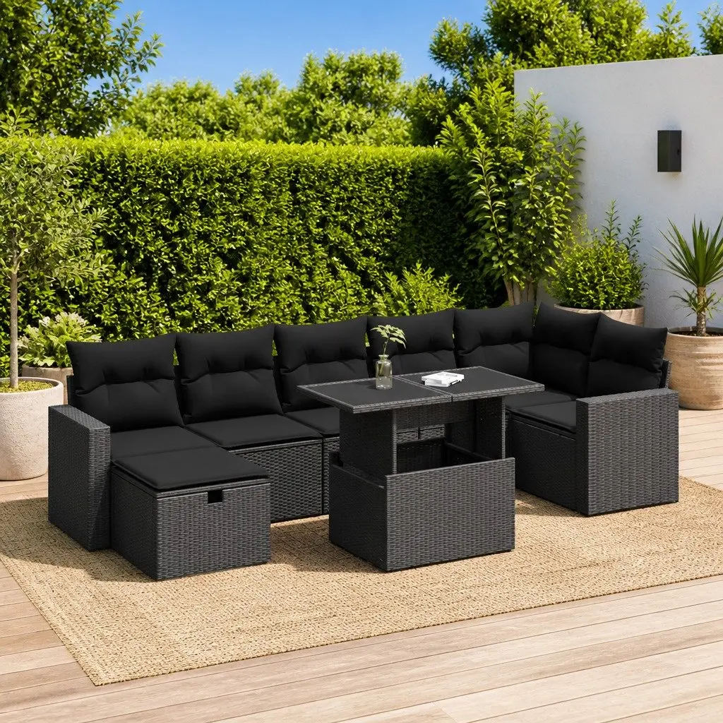 8 Piece Outdoor Garden Sofa Set with Cushions Storage Black Poly Rattan