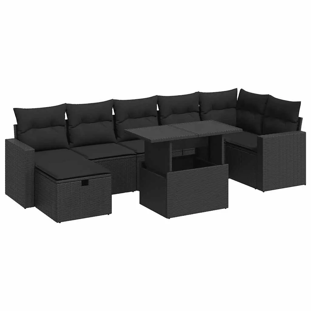8 Piece Outdoor Garden Sofa Set with Cushions Storage Black Poly Rattan