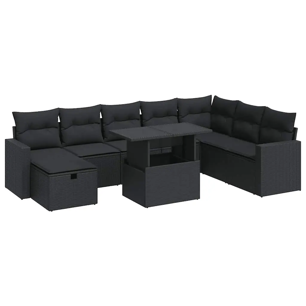 9PieceOutdoorSofaSetBlackPolyRattanGardenFurniturePatioLounge