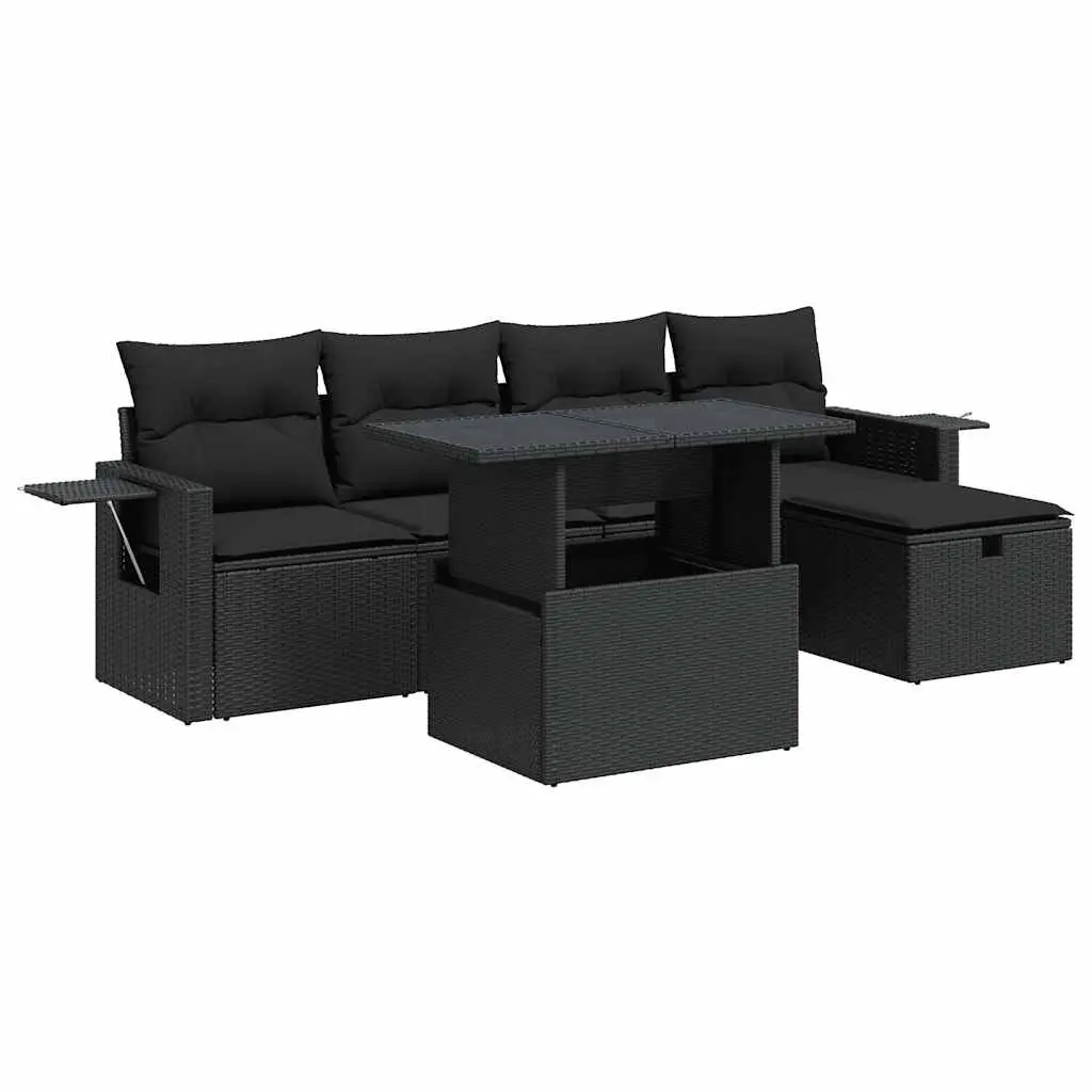 Garden Sofa Set 6 Piece Outdoor Furniture Black Poly Rattan Modular with Storage