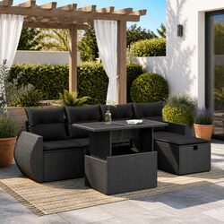 Outdoor Garden Sofa Set 6 Piece Black Poly Rattan Furniture Patio Sectional