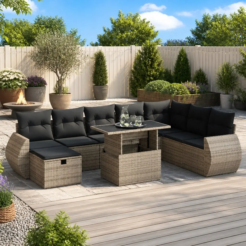 Garden Sofa Set Modular Grey 9 Piece Outdoor Furniture Poly Rattan Patio Seating