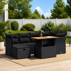 7 Piece Outdoor Garden Sofa Set with Storage Cushions Black Poly Rattan Patio