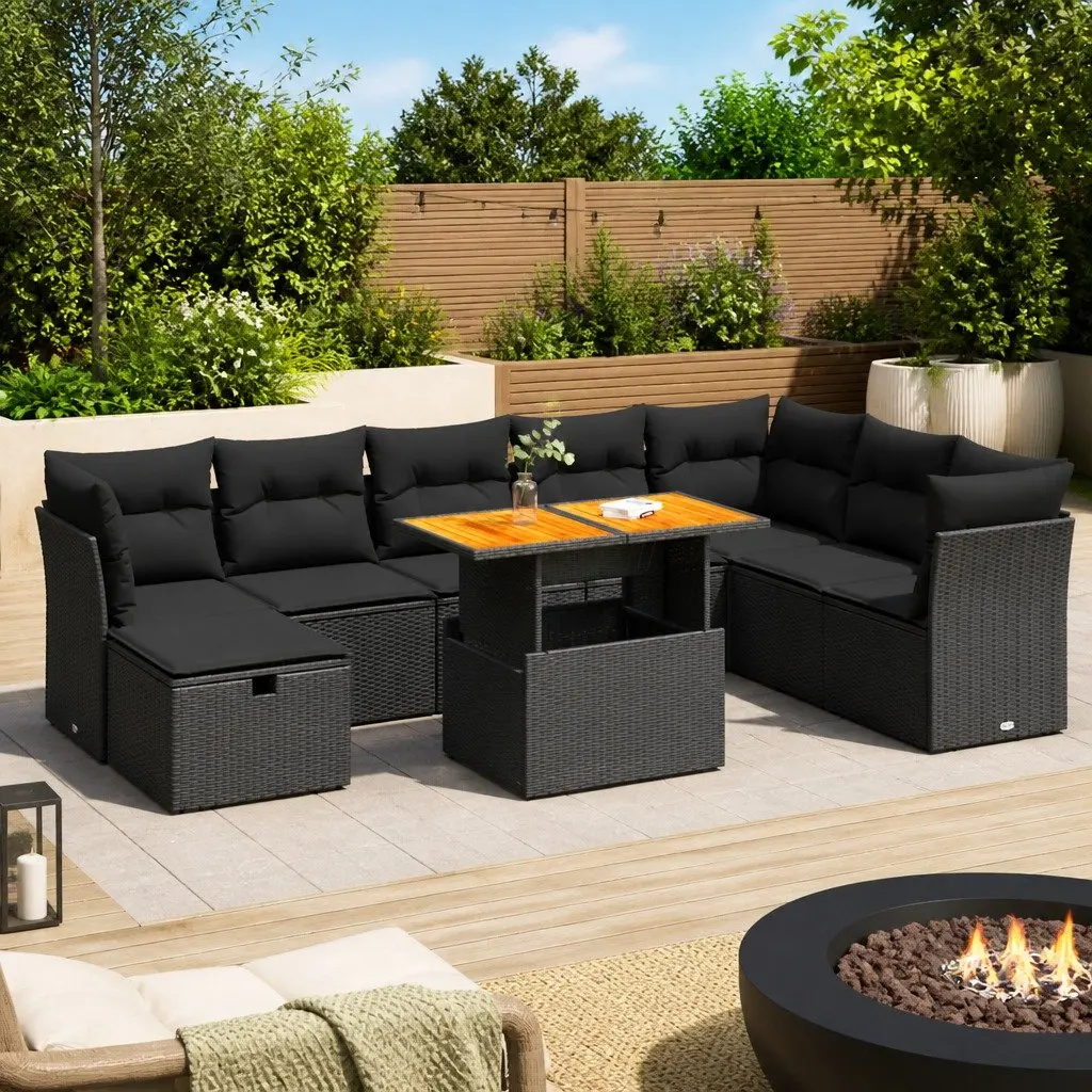 Garden Sofa Set 9 Piece Outdoor Furniture Black Poly Rattan Patio Seating