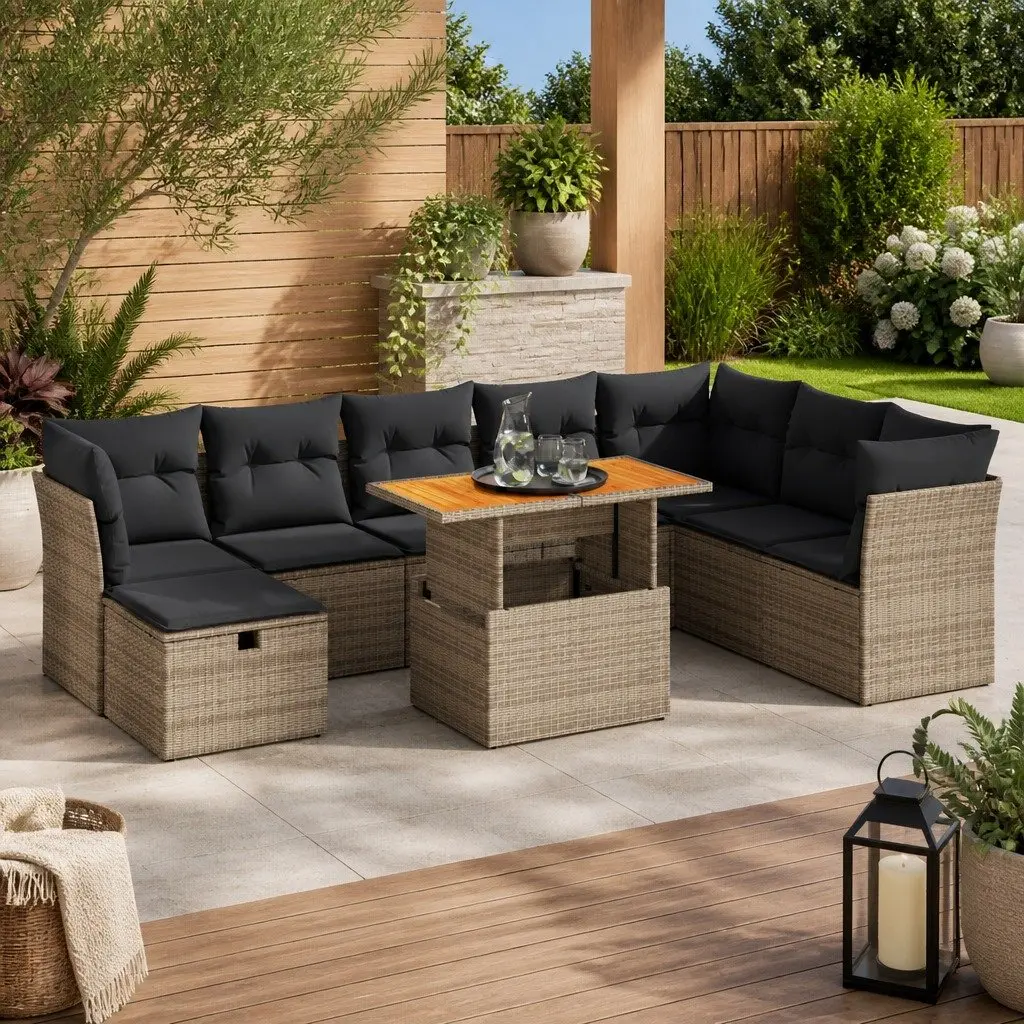 Garden Sofa Set 9 Piece Outdoor Furniture Grey Poly Rattan Modular with Cushions