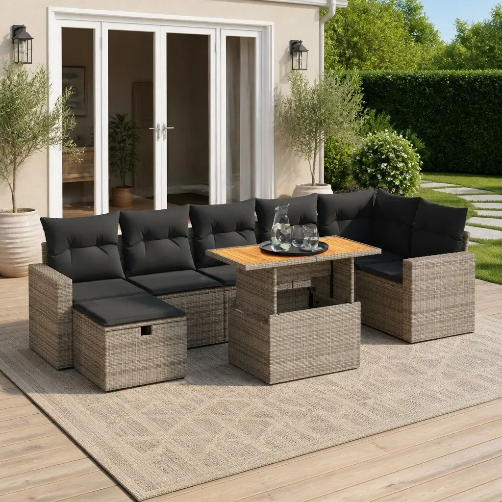 5 Piece Garden Sofa Set Grey Poly Rattan Outdoor Patio Furniture with Cushions