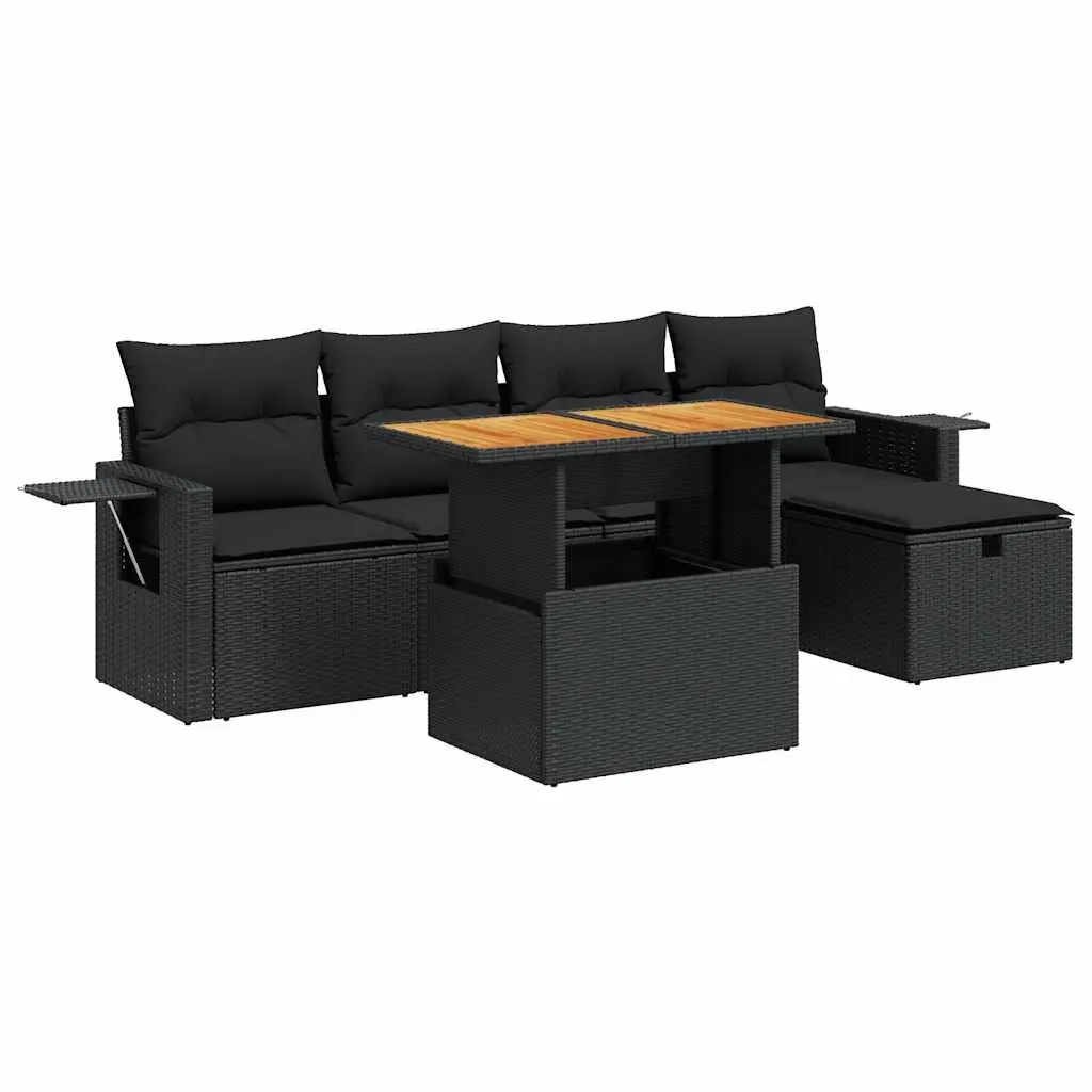 Garden Sofa Set 6 Piece Outdoor Furniture Black Poly Rattan with Cushions