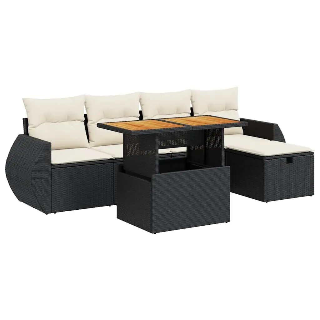 Garden Sofa Set Modular 6 Piece Outdoor Furniture Black Poly Rattan with Cushions