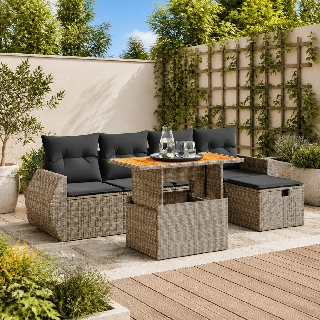 6 Piece Garden Sofa Set Grey PE Rattan Outdoor Furniture with Storage Cushions