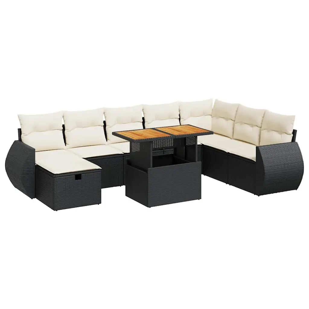 Outdoor Garden Sofa Set 9 Piece Black Poly Rattan Patio Furniture with Cushions