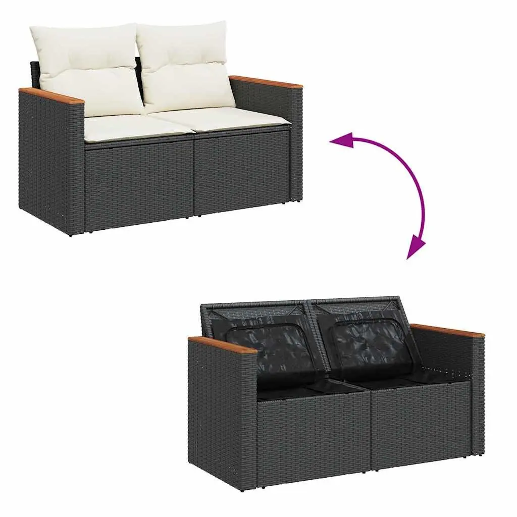 Garden Sofa Set 6 Piece Outdoor Furniture Black Rattan with Storage Function and Adjustable Tabletop