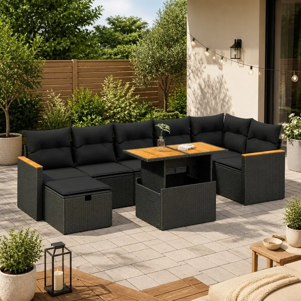 Garden Sofa Set Black Poly Rattan 5 Piece Outdoor Furniture with Storage