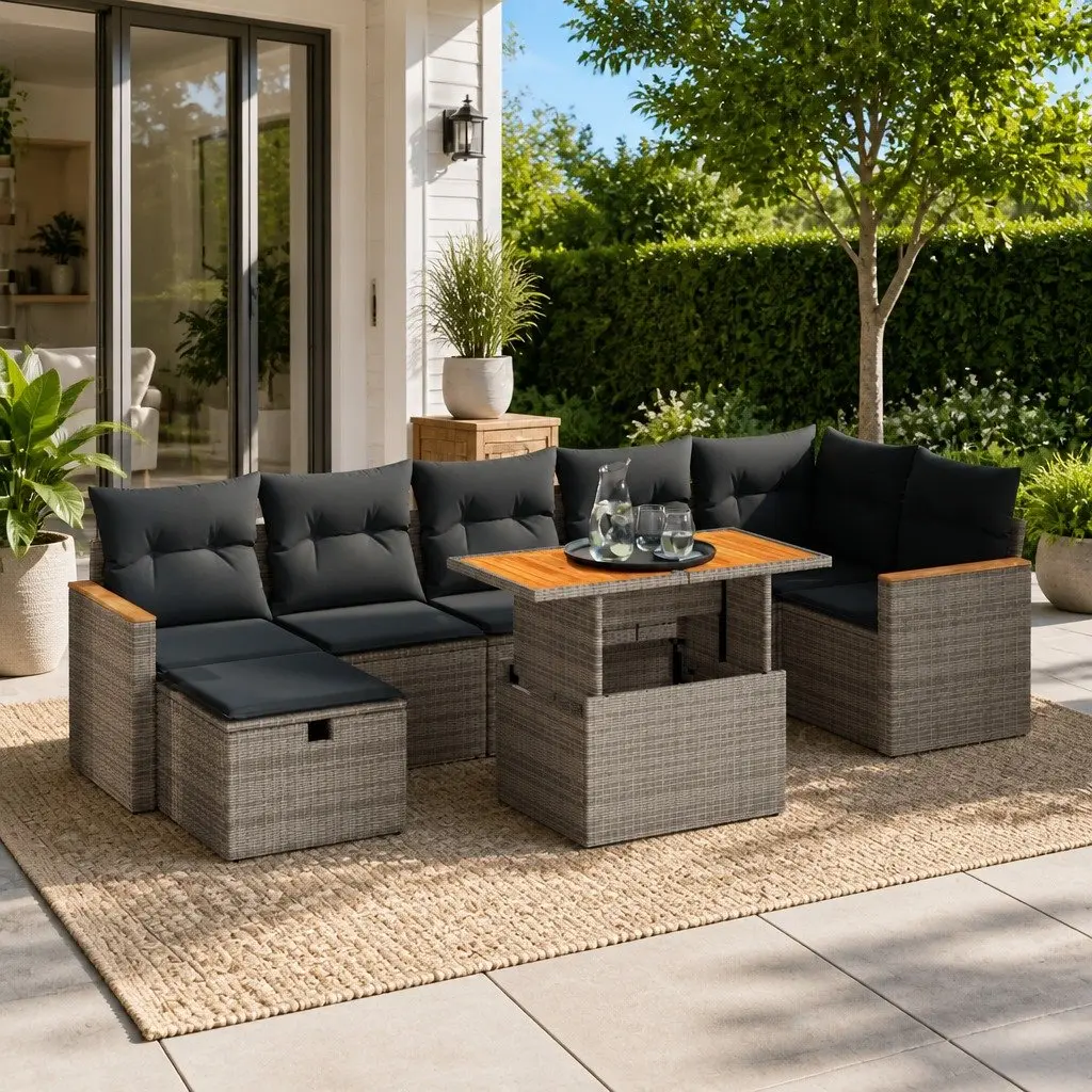 5 Piece Grey Rattan Patio Furniture Set with Adjustable Table and Cushions Storage