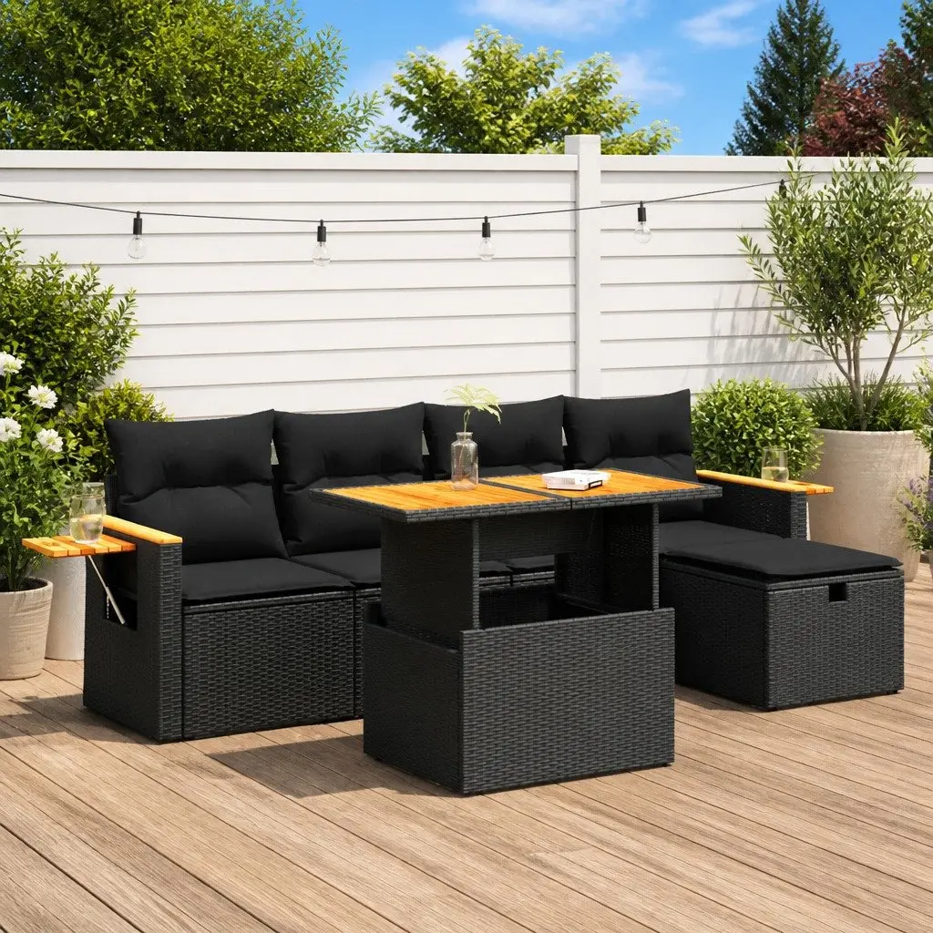 6 Piece Garden Sofa Set Adjustable Table Black PE Rattan with Storage Cushions