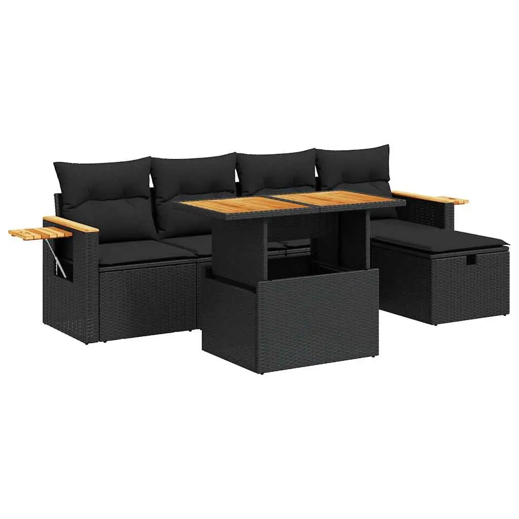 6 Piece Garden Sofa Set Adjustable Table Black PE Rattan with Storage Cushions