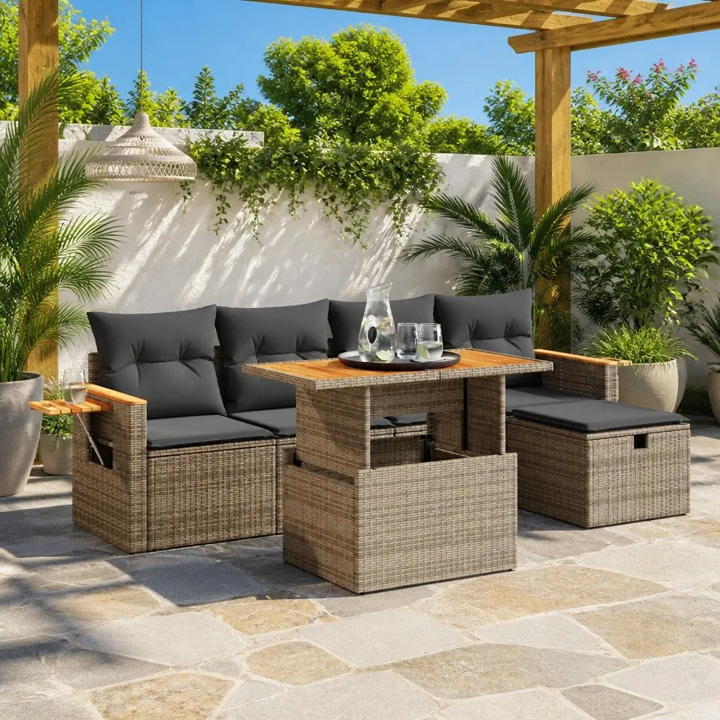 Garden Sofa Set 6 Piece Grey Poly Rattan Outdoor Furniture with Adjustable Table and Storage Compartments