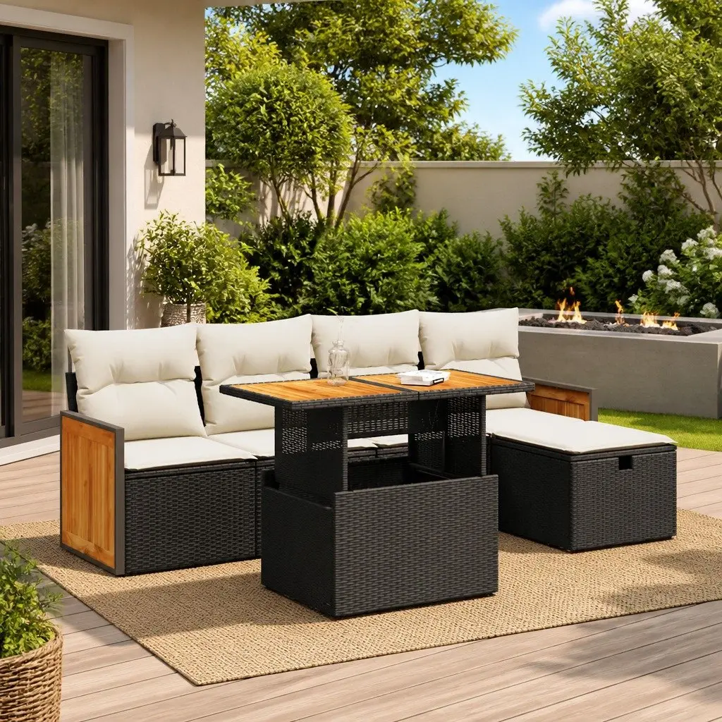 Outdoor Furniture Set 6 Piece Black Poly Rattan with Convertible Table and Storage