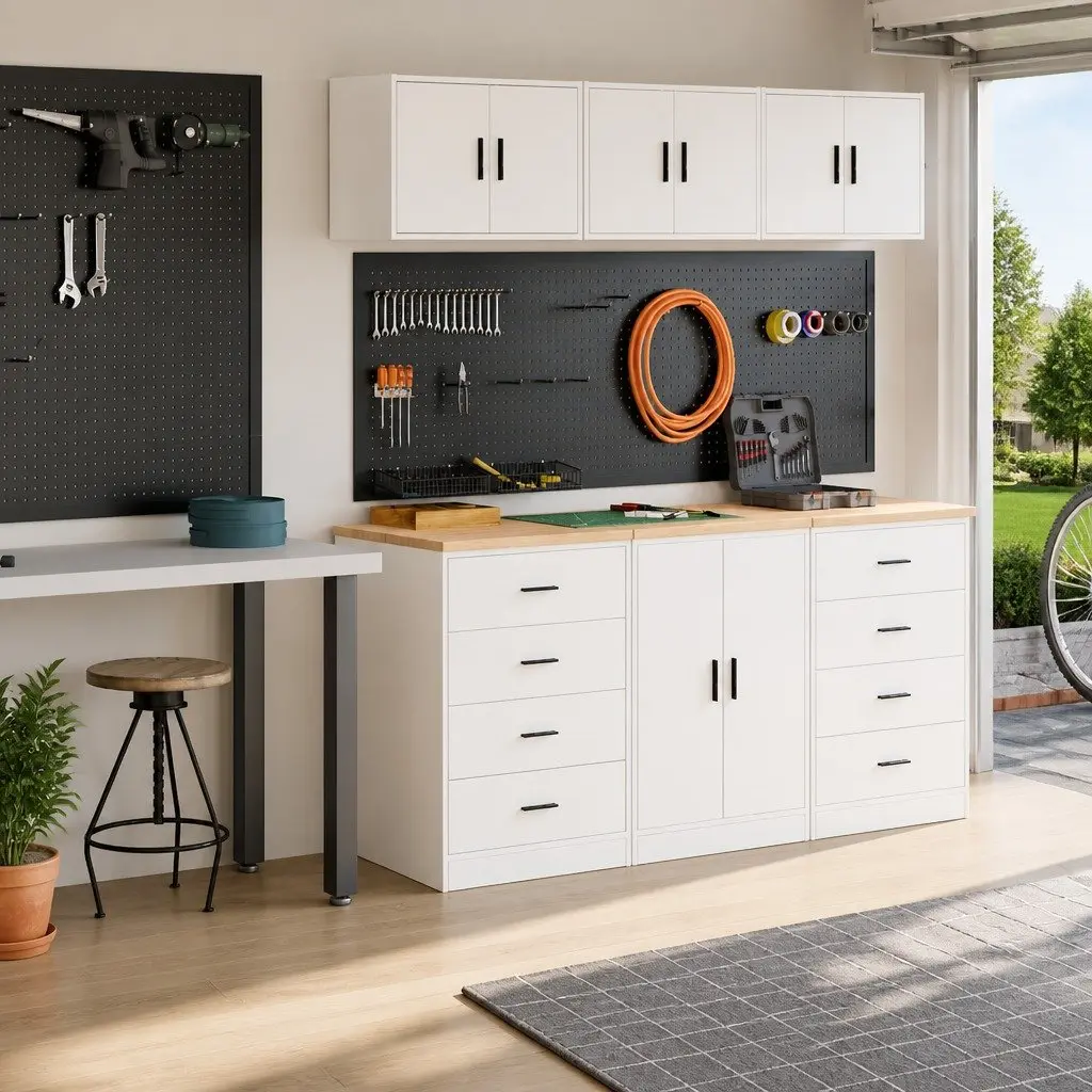 2pc White Garage Cabinets for Tool Storage