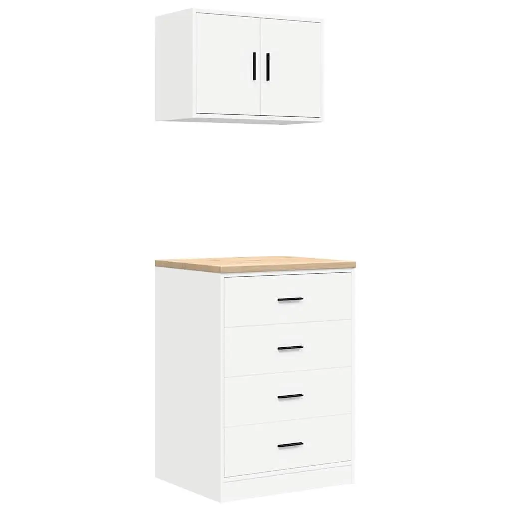 Garage Storage Cabinets 2pc White Engineered Wood Heavy-Duty Workshop Tool Organiser