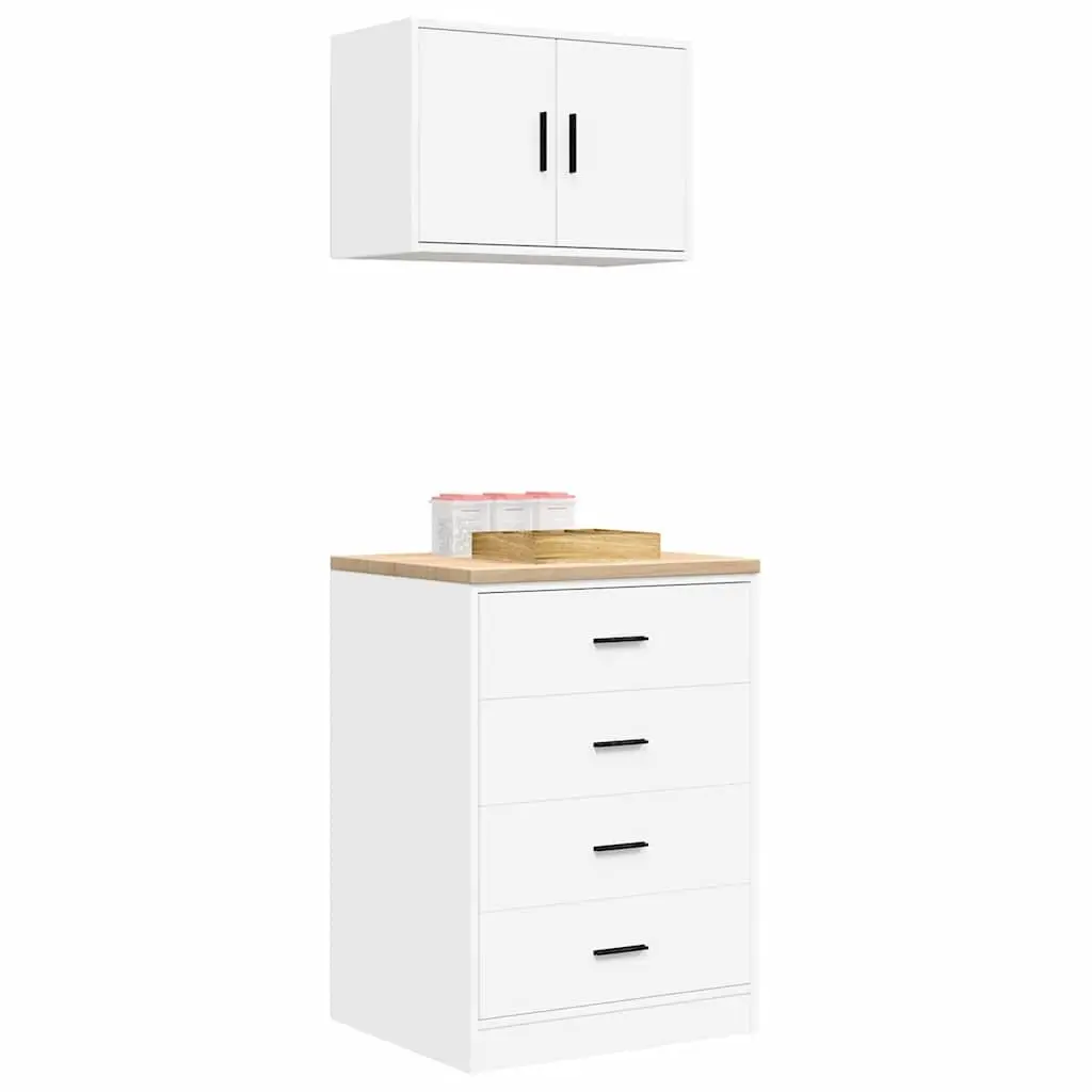 Garage Storage Cabinets 2pc White Engineered Wood Heavy-Duty Workshop Tool Organiser