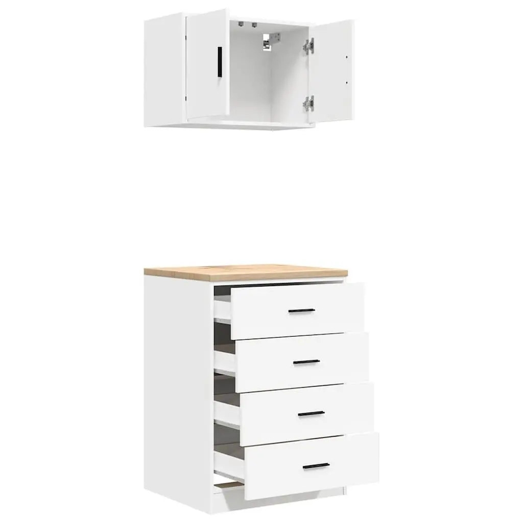 Garage Storage Cabinets 2pc White Engineered Wood Heavy-Duty Workshop Tool Organiser